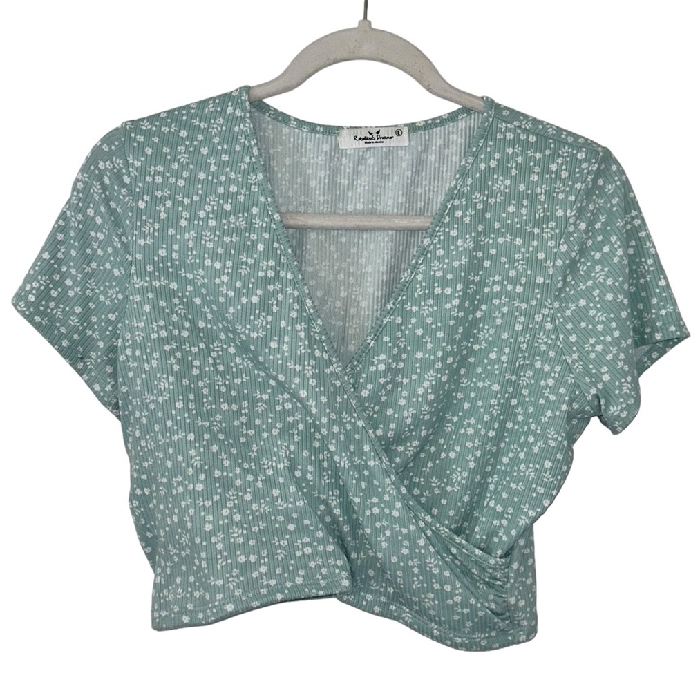 Mint Green & White Crop Top Shirt Floral Design Stretch Style Women’s Size Large